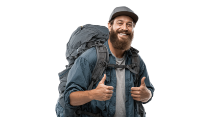 Smiling hiker with backpack giving thumbs up isolated on a transparent background