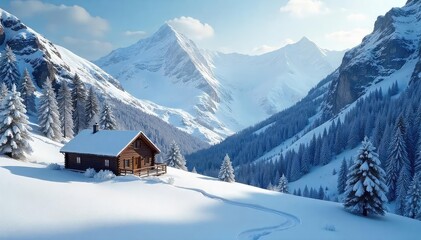 Fototapeta premium A solitary cabin nestled deep within a snow-covered, secluded mountain valley, untouched by the outside world, exuding peace and tranquility , cold, trees