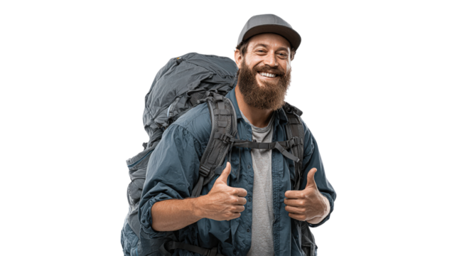Smiling hiker with backpack giving thumbs up isolated on a transparent background