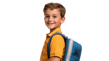 Smiling schoolboy with blue backpack isolated on a transparent background 1