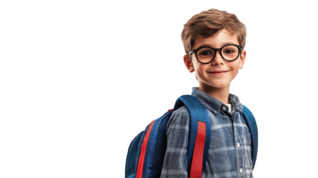 Smiling schoolboy with backpack wearing glasses isolated on a transparent background