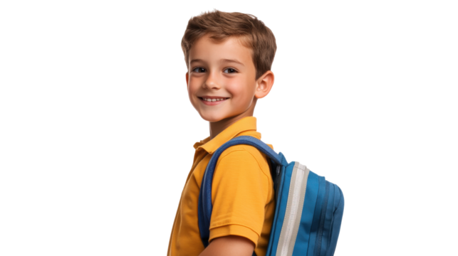 Smiling schoolboy with blue backpack isolated on a transparent background 1 - Powered by Adobe