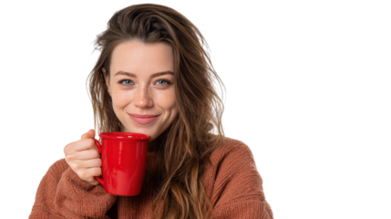 Woman holding red coffee mug isolated on a transparent background