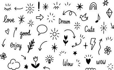 Line arrow, star, heart cute icon elements. Hand drawn sketch heart, arrow, star, flower decoration symbols. Simple sketch line style emphasis, attention, graphic elements. Vector illustration