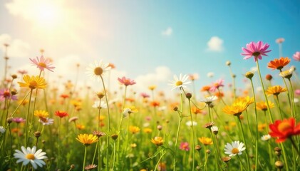Fototapeta premium A sunlit field of wildflowers gently swaying in a summer breeze, embodying the beauty and serenity of happiness Perfect for concepts of joy, peace, and carefree living , landscape, swaying