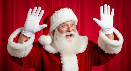 A cheerful Santa Claus in a classic red suit and white gloves waving his hands against a red curtain.