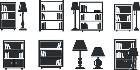 Set of minimalist black and white vector illustrations featuring bookshelves and lamps for modern interior design projects