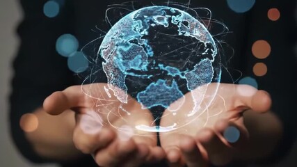 Hands holding a holographic globe with digital connections - Powered by Adobe