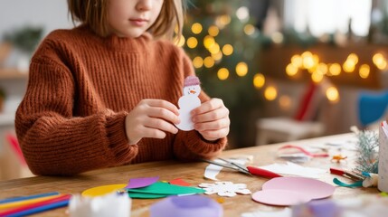 Child with brown hair wearing a cozy sweater is crafting a snowman from paper in a festive setting, surrounded by colorful materials and warm holiday lights