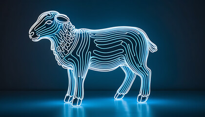 Neon Light Lion Sculpture with Blue and White Stripes in Dark Environment