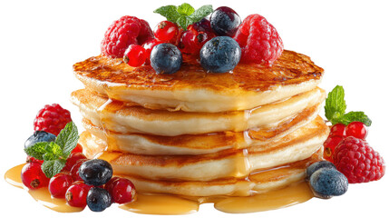 Stack of pancakes with berries and syrup isolated on a transparent background