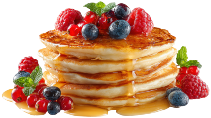 Stack of pancakes with berries and syrup isolated on a transparent background