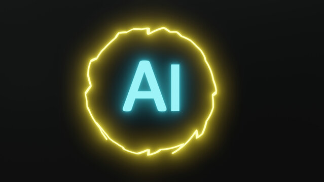 glowing ai text in glowing neon circle on black background - Powered by Adobe
