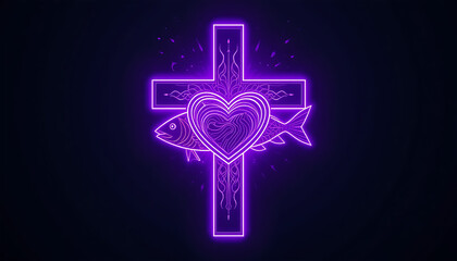 Neon Cross with Heart and Fish in Vibrant Purple Glow on Dark Background