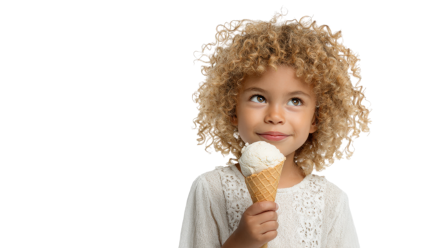 Smiling child with curly hair eating ice cream isolated on a transparent background