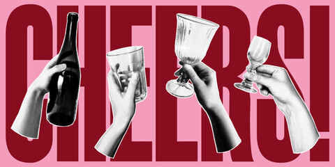 Halftone collage hand holding a glass, greeting card. New Year and holiday party, cin cin. Vector element, invitation banner, celebratory toast.