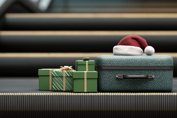 suitcase with a christmas pattern and a santa hat on an airport conveyor belt, surrounded by gift boxes, against the background of other luggage