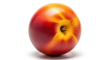 Vibrant, ripe nectarine fruit with smooth skin and rich red and yellow hues against a clean white background.