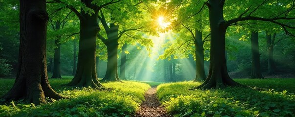Obraz premium Sun-dappled forest floor, lush green canopy overhead, ancient trees stand tall, sunlight filtering through leaves, peaceful woodland scene , botany, sunbeams