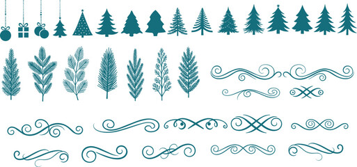 Hand drawn christmas trees and ornaments in blue green