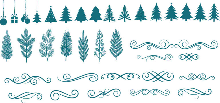 Hand drawn christmas trees and ornaments in blue green - Powered by Adobe