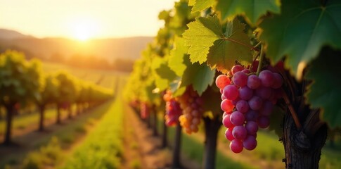 Naklejka premium Sunlight dapples rows of ripe grapes hanging heavy on the vine, ready for harvest in a picturesque vineyard Golden hour illuminates the lush landscape , nature, harvest