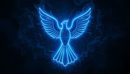 Neon Blue Glowing Phoenix Bird with Outstretched Wings in Dark Fantasy Style