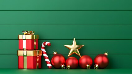 Festive christmas decorations with red gifts and ornaments on green background