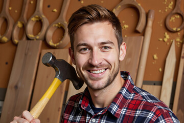 happy young male carpenter in a plaid shirt smiling while holding a yellow hammer in a professional woodworking shop