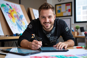 happy male graphic designer or illustrator smiling at the camera while drawing on a digital tablet in a creative studio