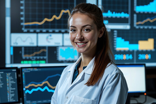 confident female data scientist or financial analyst in a white coat smiling in front of monitors with complex graphs and charts