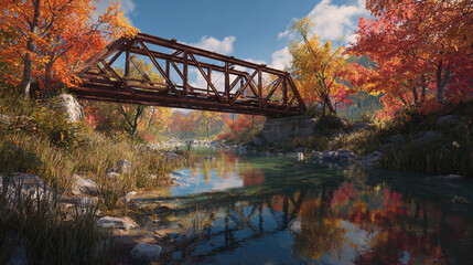 A serene landscape of a wooden bridge crossing a tranquil river, surrounded by trees with vibrant autumn foliage