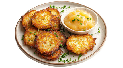Potato pancakes with applesauce and chives isolated on a transparent background