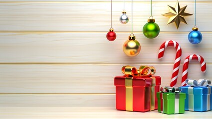 Festive christmas decorations with gifts and candy canes on white wood background