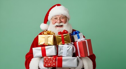 A cheerful, elderly man dressed as Santa Claus is smiling while holding a large pile of wrapped Christmas presents.
