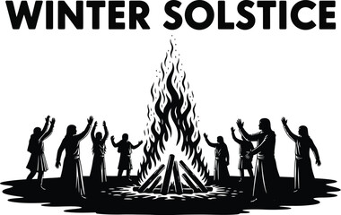 Black and white illustration for a winter solstice celebration with people gathered around a large bonfire