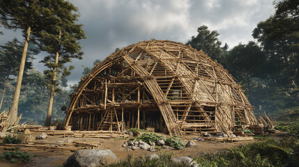 An unfinished wooden dome-shaped structure stands amidst a serene forest setting, embodying architectural innovation and the integration of nature. 