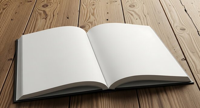 Open blank book with empty pages lying flat on a rustic wooden table, ready for writing, drawing, or displaying content