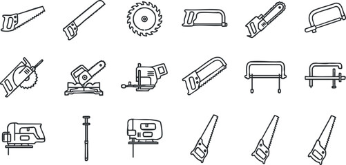 Vector icon set of various saws including hand saw, circular saw, jigsaw, and hacksaw for construction and woodworking projects