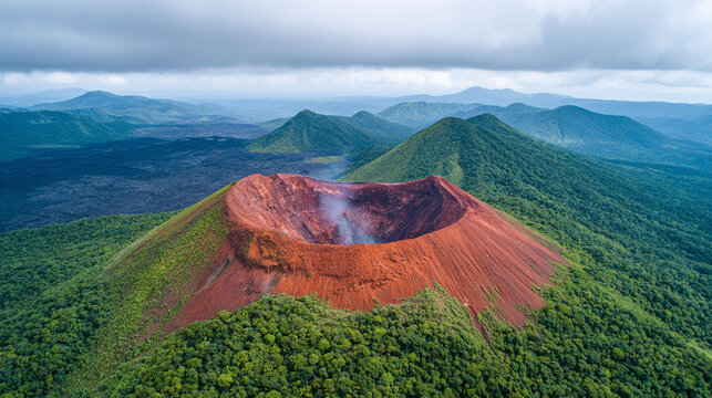 Volcano surrounded by lush greenery with smoke rising from its crater under cloudy skies - Powered by Adobe
