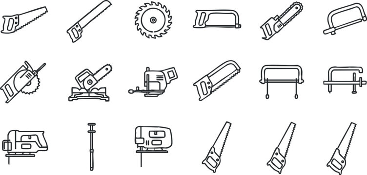Vector icon set of various saws including hand saw, circular saw, jigsaw, and hacksaw for construction and woodworking projects