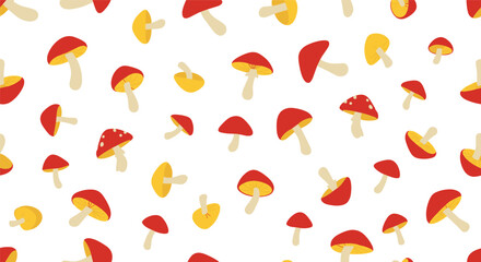 Cute and simple seamless pattern of scattered red and yellow cartoon mushrooms on a clean white background for autumn textile prints.