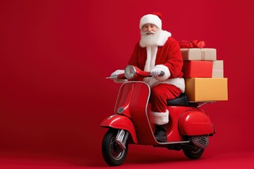 photo of an santa claus riding a scooter with christmas gifts, against a red background. 