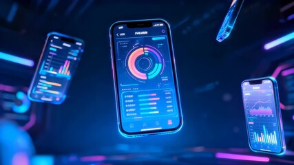 Futuristic smartphones displaying dynamic data visualizations. Business analytics and financial technology concept in a neon-lit digital environment - Powered by Adobe