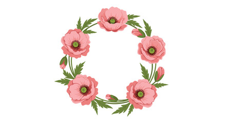 Elegant floral wreath frame made of delicate pink poppy flowers and green leaves arranged in a circle on a white background.