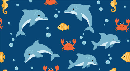 Naklejka premium Cute seamless underwater pattern with playful dolphins orange crabs yellow fish and seahorses on a deep blue sea background.