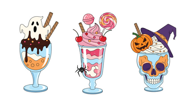 Set of three spooky and sweet Halloween monster milkshakes in glasses featuring a ghost a skull and a witch-hatted pumpkin.