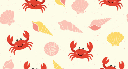Obraz premium Cute seamless summer pattern with smiling red crabs and colorful seashells on a light beige background with speckle texture.
