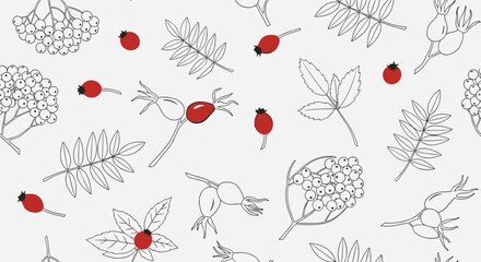Seamless black and white pattern with red accent berries featuring hand-drawn rowan and rosehip for a simple autumn design.