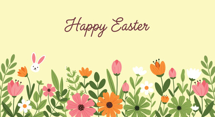 Cheerful happy easter greeting card features a cute white bunny peeking out from a vibrant field of colorful spring flowers.